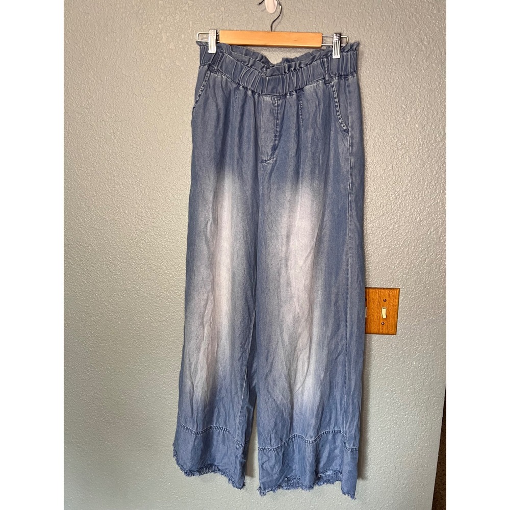 Zenana Blue Lyocell Wide Leg Paperbag Waist Frayed Hem Pants DP-1525AB Large